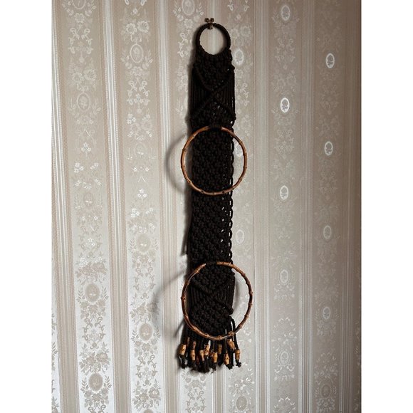 70’s Macrame Dbl Towel Hanger Chestnut Brown Tan - Picture 1 of 3